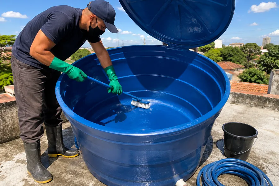 Caixa d'água aberta sendo escovada e higienizada
