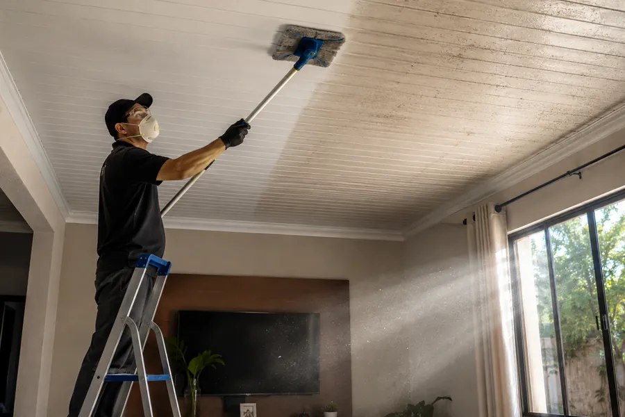 Limpeza de forro de PVC com extensor, removendo poeira acumulada